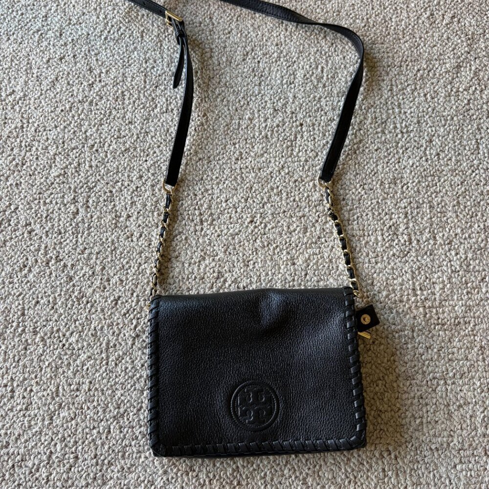 Tory Burch Marion Combo Crossbody Bag Black Leather Whipstitch Classic - Picture 2 of 11